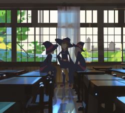 Rule 34 | 10s, 3girls, belt, boots, brown hair, building, chair, classroom, commentary, curtains, desk, dress, hat, indoors, kagari atsuko, little witch academia, long hair, long sleeves, lotte jansson, multiple girls, pink hair, reflection, reflective floor, school, school desk, school uniform, sitting, smile, snatti, sucy manbavaran, table, tree, window, witch, witch hat