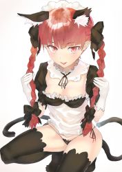 Rule 34 | 1girl, :&gt;, :d, alternate costume, animal ear fluff, animal ears, black bow, black panties, black ribbon, black thighhighs, bow, braid, breasts, cat ears, cat tail, cleavage, commentary request, detached collar, enmaided, frills, gloves, hair bow, hands up, kaenbyou rin, long hair, looking at viewer, maid, maid headdress, medium breasts, multiple tails, neck ribbon, nekomata, no pants, no shoes, open mouth, panties, polpol, puffy short sleeves, puffy sleeves, red eyes, red hair, ribbon, short sleeves, simple background, smile, solo, squatting, tail, thighhighs, thighs, touhou, twin braids, twintails, two tails, underwear, white background, white gloves