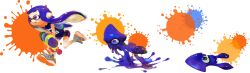 Rule 34 | 1girl, 3:, 3:&lt;, ass, bike shorts, blue eyes, blue hair, double vertical stripe, highres, holding, ink tank (splatoon), inkling, inkling girl, inkling player character, leaning forward, leg up, long hair, nintendo, official art, paint, paint splatter, pointy ears, running, shoes, sneakers, splatoon (series), splatoon 1, splattershot (splatoon), squid, super soaker, tentacle hair, transformation, transparent background, v-shaped eyebrows