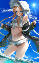 Rule 34 | 1girl, abigail williams (fate), abigail williams (swimsuit foreigner) (fate), abigail williams (swimsuit foreigner) (third ascension) (fate), backlighting, bare shoulders, bikini, black jacket, blonde hair, blue eyes, blue sky, bonnet, bow, breasts, fate/grand order, fate (series), faton, forehead, hair bow, hands up, highres, jacket, long hair, long sleeves, miniskirt, navel, off shoulder, parted bangs, sidelocks, skirt, sky, small breasts, smile, solo, sunlight, swimsuit, twintails, very long hair, wading, water, white bikini, white bow, white headwear