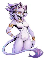 Rule 34 | 1girl, absurdres, alternate form, animal ears, animal nose, armlet, armpits, arms up, beracerbera, big hair, body fur, breasts, cat ears, cat girl, cat tail, colored sclera, completely nude, earrings, furry, furry female, highres, isabella (seiken densetsu 3), jewelry, medium breasts, necklace, no nipples, no pussy, nude, open mouth, purple fur, purple hair, red sclera, second-party source, seiken densetsu, seiken densetsu 3, slit pupils, snout, solo, spread legs, stomach, tail, two-tone fur, white fur, yellow eyes