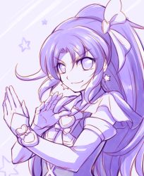 Rule 34 | 10s, 1girl, arakawa tarou, brooch, cure fortune, detached sleeves, earrings, eyelashes, hair ornament, happinesscharge precure!, happy, heart, heart brooch, heart hair ornament, highres, hikawa iona, jewelry, long hair, looking at viewer, magical girl, monochrome, precure, purple eyes, purple hair, purple theme, shirt, smile, solo, vest, wide ponytail