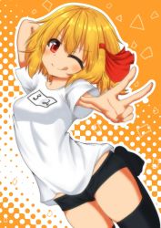 Rule 34 | 1girl, ;p, absurdres, alternate costume, black thighhighs, blonde hair, boyshort panties, breasts, commentary request, gym uniform, hair ribbon, highres, looking at viewer, medium breasts, midriff, name tag, one eye closed, polka dot, red eyes, red ribbon, ribbon, rumia, scarlet mirin, shirt, short sleeves, smile, solo, thighhighs, tongue, tongue out, tongue up, touhou, white shirt, zettai ryouiki