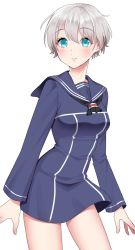 Rule 34 | 1girl, alternate breast size, black neckerchief, blue dress, blue eyes, blue sailor collar, breasts, clothes writing, commentary request, cowboy shot, dress, highres, kantai collection, medium breasts, neckerchief, sailor collar, sailor dress, short hair, simple background, solo, standing, white background, white hair, yomogi dango, z1 leberecht maass (kancolle)