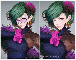 Rule 34 | 1girl, artist name, black-framed eyewear, black gloves, blue dress, blue eyes, character name, dress, earrings, eyelashes, flower, glasses, gloves, gold, green hair, hair flower, hair ornament, jewelry, lips, looking at viewer, magion02, ms.assistant, no eyewear, parted lips, pink lips, rose, secret assistant (ms.assistant), short hair, strapless, strapless dress, upper body, variations