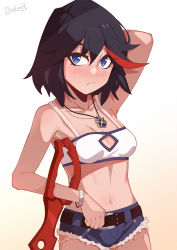 Rule 34 | 1girl, :&lt;, arm behind head, arm up, bandeau, belt, black hair, blue eyes, blue shorts, blush, bracelet, breasts, collarbone, commentary, cosplay, cutoffs, darahan, english commentary, fate/apocrypha, fate/grand order, fate (series), jewelry, kill la kill, matoi ryuuko, micro shorts, midriff, mordred (fate), mordred (fate) (cosplay), mordred (fate/apocrypha), mordred (memories at trifas) (fate), multicolored hair, navel, necklace, pendant, planted, red hair, scissor blade (kill la kill), shorts, signature, small breasts, solo, spaghetti strap, streaked hair, symbol-shaped pupils, weapon, white background