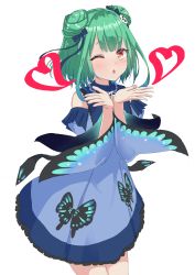 Rule 34 | 1girl, animal print, blowing kiss, blue dress, blue hair, blush, butterfly print, commentary, cowboy shot, detached sleeves, double bun, dress, eyelashes, green hair, hair bun, hair ornament, hair ribbon, heart, highres, hololive, kawosu shikou, looking at viewer, medium hair, multicolored hair, one eye closed, open mouth, own hands together, red eyes, ribbon, simple background, skull hair ornament, smile, solo, streaked hair, two-tone hair, uruha rushia, uruha rushia (1st costume), virtual youtuber, white background, wide sleeves