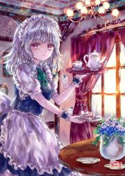 Rule 34 | 1girl, absurdres, apron, blue dress, blue flower, braid, breasts, cake, cake slice, chandelier, commentary request, cup, dress, expressionless, flower, food, frilled cuffs, fruit, green ribbon, highres, holding, holding plate, holding tray, indoors, izayoi sakuya, looking at viewer, maid, maid apron, maid headdress, medium breasts, medium hair, neck ribbon, parted lips, plant, plate, potted plant, puffy short sleeves, puffy sleeves, red curtains, red eyes, ribbon, short sleeves, silver hair, single braid, solo, standing, strawberry, suzushina, table, teacup, teapot, touhou, tray, window