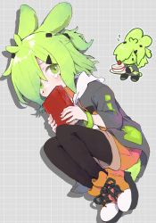 Rule 34 | 1girl, animal ears, black pantyhose, book, chibi, commission, crying, crying with eyes open, green eyes, green hair, hair ornament, hair over one eye, hairclip, highres, long sleeves, no1shyv, original, pantyhose, shorts, simple background, skeb commission, solo, tail, tears