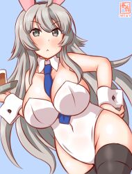 Rule 34 | 1girl, :3, alternate costume, animal ears, artist logo, between breasts, black thighhighs, blue background, blue necktie, bow, bowtie, breasts, cowboy shot, dated, detached collar, hair flaps, kanon (kurogane knights), kantai collection, large breasts, leotard, long hair, looking at viewer, necktie, one-hour drawing challenge, playboy bunny, rabbit ears, sidelocks, simple background, solo, strapless, strapless leotard, thighhighs, tray, washington (kancolle), white leotard, wrist cuffs