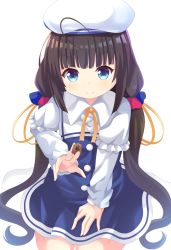 Rule 34 | &gt;:), 10s, 1girl, ahoge, beret, between fingers, blue dress, blue eyes, blush, board game, brown hair, closed mouth, collared dress, commentary request, dress, hair ribbon, hand on lap, hat, hinatsuru ai, holding, layered sleeves, long hair, long sleeves, looking at viewer, low twintails, maccha, puffy short sleeves, puffy sleeves, ribbon, ryuuou no oshigoto!, school uniform, shogi, short over long sleeves, short sleeves, sitting, smile, solo, twintails, v-shaped eyebrows, very long hair, white background, white hat, yellow neckwear, yellow ribbon