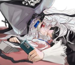 Rule 34 | 1girl, absurdres, arknights, bare shoulders, cellphone, chinese commentary, commentary request, grey hat, hair over one eye, hat, highres, holding, holding phone, long sleeves, lying, on stomach, phone, pikazimi, playing games, red eyes, smartphone, solo, specter (arknights), specter the unchained (arknights), striped, tablet pc, upper body, vertical stripes, white hair, wrist cuffs