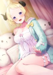 Rule 34 | 1girl, :d, animal ears, aqua hoodie, bare shoulders, blonde hair, blush, bow, breasts, cleavage, collarbone, curled horns, curtains, dress, fur-trimmed hood, fur trim, hair bun, hair intakes, hair ornament, hairclip, highres, hololive, hood, hood down, hoodie, horns, ichi-go, indoors, large breasts, light particles, lingerie, long sleeves, looking at viewer, off shoulder, on bed, open mouth, pillow, pink curtains, puffy long sleeves, puffy sleeves, purple eyes, sheep ears, sheep girl, sheep horns, short hair, single hair bun, sitting, smile, solo, stuffed animal, stuffed sheep, stuffed toy, thigh strap, thighs, tsunomaki watame, tsunomaki watame (loungewear), underwear, virtual youtuber, white dress, yellow bow
