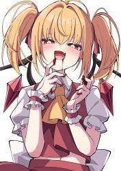 Rule 34 | 1girl, absurdres, alternate hairstyle, ascot, blonde hair, blood, blood on hands, blush, bright pupils, commentary request, crystal, fang, flandre scarlet, highres, looking at viewer, one side up, open mouth, red eyes, short sleeves, skin fang, solo, touhou, tsukimirin, two side up, white pupils, wings, yellow ascot