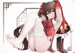 Rule 34 | 1girl, :d, absurdres, armpits, ass, black panties, blush, breasts, brown eyes, brown hair, china dress, chinese clothes, chinese commentary, detached sleeves, dress, feet, girls&#039; frontline, hair between eyes, hair ribbon, highres, knees up, long hair, looking at viewer, medium breasts, open mouth, panties, red dress, ribbon, side-tie panties, sidelocks, simple background, sitting, smile, soles, solo, stirrup legwear, thighs, toeless legwear, toes, twintails, type 97 (girls&#039; frontline), type 97 (peony) (girls&#039; frontline), underwear, very long hair, white background, wide sleeves, yanwulazy
