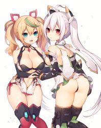 Rule 34 | 2girls, :d, :|, ahoge, arm warmers, ass, backless dress, backless outfit, bad id, bad pixiv id, bare shoulders, black panties, blonde hair, blue eyes, blush, breasts, choker, cleavage, closed mouth, collarbone, commentary request, cosplay, costume switch, dress, fang, gem, gene (pso2), gloves, hair between eyes, hair ornament, interlocked fingers, large breasts, leaning forward, long hair, looking at viewer, looking back, matoi (pso2), multicolored hair, multiple girls, muryotaro, navel, open mouth, panties, phantasy star, phantasy star online 2, red eyes, sideboob, silver hair, sleeveless, sleeveless dress, smile, thighhighs, thong, twintails, underwear