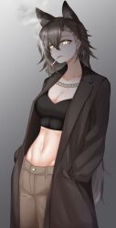 Rule 34 | 1girl, absurdres, alternate costume, animal ears, arknights, black coat, black shirt, breasts, cigarette, cleavage, coat, cowboy shot, crop top, gradient background, grey background, grey eyes, grey hair, grey pants, groin, hair between eyes, hands in pockets, highres, medium breasts, medium hair, midriff, mouth hold, navel, open clothes, open coat, pants, parted lips, penance (arknights), shirt, solo, st (vyzs4725), standing, stomach, wolf ears