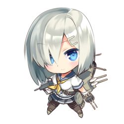 Rule 34 | 10s, 1girl, blue eyes, cannon, chibi, hair ornament, hair over one eye, hairclip, hamakaze (kancolle), kantai collection, looking at viewer, lowres, machinery, neckerchief, pantyhose, rei (rei&#039;s room), school uniform, serafuku, short hair, silver hair, skirt, solo, yellow neckerchief