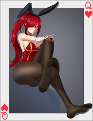 Rule 34 | 1girl, absurdres, black pantyhose, breasts, card, cleavage, commission, crossed legs, detached collar, erza scarlet, fairy tail, feet, female focus, foot focus, foreshortening, hair over one eye, hands on own knee, highres, leotard, long hair, pantyhose, pixiv commission, playboy bunny, playing card, ponytail, queen (playing card), queen of hearts (playing card), rabbit ears, red eyes, red hair, smile, soles, solo, thighs, tsa