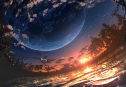 Rule 34 | abisswalker8, absurdres, city lights, cloud, commentary, continents, highres, huge filesize, nature, no humans, original, outdoors, planet, reflection, scenery, shooting star, sky, star (sky), starry sky, sunset, tree, water