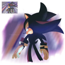 1boy absurdres cropped_legs from_behind furry furry_male highres looking_at_viewer looking_back male_focus nenemyun red_eyes reference_inset shadow_the_hedgehog solo sonic_(series) sonic_adventure_2