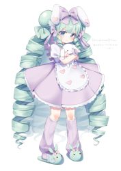 Rule 34 | 1girl, :t, animal ears, animal slippers, apron, blue eyes, blush, bow, bunny slippers, closed mouth, commentary request, commission, cutesu (cutesuu), drill hair, frilled apron, frilled bow, frills, full body, green footwear, green hair, hair bow, highres, kneehighs, kokone (coconeeeco), long hair, looking at viewer, loose socks, hugging object, original, pleated skirt, pout, puffy short sleeves, puffy sleeves, purple bow, purple socks, purple skirt, rabbit ears, ribbed legwear, shirt, short sleeves, simple background, skeb commission, skirt, slippers, slit pupils, socks, solo, standing, stuffed animal, stuffed rabbit, stuffed toy, translation request, very long hair, waist apron, white background, white shirt