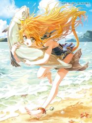 Rule 34 | 1girl, animal ears, anklet, bad id, bad pixiv id, bandaid, bandaid on face, barefoot, beach, bell, blonde hair, carrying, cat ears, cat tail, cheonha87, cloud, day, fish, full body, green eyes, jewelry, jingle bell, korean text, long hair, ocean, open mouth, original, outdoors, skirt, sky, solo, starfish, swimsuit, tail, very long hair, water