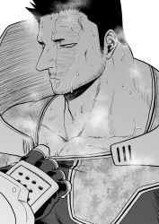 Rule 34 | 1boy, armor, bara, beard, bodysuit, bodysuit pull, boku no hero academia, clothes pull, endeavor (boku no hero academia), facial hair, fingerless gloves, from side, gloves, greyscale, male focus, mature male, monochrome, muscular, muscular male, p (pppppppppq), pauldrons, pectoral cleavage, pectorals, scar, scar across eye, scar on face, short hair, shoulder armor, sideburns, solo, spiked hair, stubble, sweat, upper body