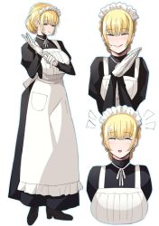 Rule 34 | apron, blonde hair, breasts, character sheet, concept art, gloves, happy, headdress, large breasts, licking lips, maid, multiple views, nemu (nora), tongue, tongue out
