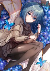 Rule 34 | 1girl, animal, blue eyes, blue flower, blue hair, blush, brown jacket, brown pantyhose, brown shirt, brown skirt, bug, butterfly, closed mouth, collared shirt, commentary request, cross, dress shirt, flower, hair between eyes, highres, insect, jacket, kinona, long hair, long sleeves, looking at viewer, lying, no shoes, off shoulder, on side, open clothes, open jacket, original, pantyhose, pleated skirt, purple flower, shirt, skirt, smile, solo, thighband pantyhose