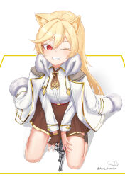 Rule 34 | 1girl, :d, absurdres, animal ears, blonde hair, breasts, brown gloves, brown neckerchief, brown skirt, brown socks, cat ears, coat, fang, fingerless gloves, fur-trimmed collar, fur-trimmed sleeves, fur trim, gas-seal revolver, girls&#039; frontline, gloves, gun, hair between eyes, handgun, highres, light leave, long hair, long sleeves, looking at viewer, nagant m1895, nagant revolver (girls&#039; frontline), neckerchief, one eye closed, open mouth, red eyes, revolver, shirt, shirt tucked in, simple background, single glove, sitting, skirt, small breasts, smile, socks, solo, thigh strap, twitter username, wariza, weapon, white background, white coat, white shirt