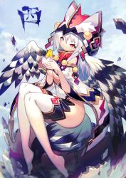 Rule 34 | + +, 1girl, bird, blue sky, breasts, chick, chinese zodiac, cleavage, closed mouth, covered navel, day, egg, feathered wings, full body, hair between eyes, highres, hood, large breasts, mamuru, no shoes, original, outdoors, personification, plantar flexion, red eyes, sitting, sky, smile, solo, tail, thighhighs, white hair, white thighhighs, wings, year of the rooster