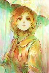 Rule 34 | 1girl, akagi shun, backpack, bad id, bad pixiv id, bag, blonde hair, braid, commentary request, gloves, green eyes, holding, holding umbrella, limited palette, long hair, looking to the side, neckerchief, original, parted lips, rain, solo, standing, umbrella
