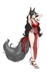 Rule 34 | 1girl, absurdres, ahri (league of legends), alternate costume, alternate hairstyle, animal ears, bad id, bad pixiv id, bare shoulders, black hair, bra, breasts, cleavage, collarbone, facial mark, fox ears, fox tail, groin, highres, large breasts, league of legends, long hair, navel, panties, red bra, red panties, see-through, simple background, slit pupils, solo, tail, underwear, whisker markings, white background, yellow eyes