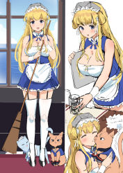 Rule 34 | 1girl, alternate costume, animalization, apron, blonde hair, blue dress, blush, breasts, broom, cat, cleavage cutout, closed eyes, clothing cutout, cup, double bun, dress, enmaided, fletcher (kancolle), frilled apron, frills, full body, garter straps, hair bun, hair ornament, highres, holding, johnston (kancolle), kantai collection, large breasts, long hair, maid, maid headdress, multiple views, one eye closed, osananajimi neko, purple eyes, samuel b. roberts (kancolle), sketch, solo, star (symbol), star hair ornament, thighhighs, translation request, white apron, white background, white thighhighs, wrist cuffs