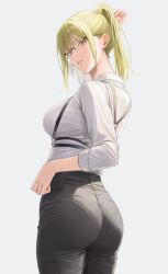 Rule 34 | 1girl, absurdres, ano (gccx8784), ass, black pants, blonde hair, breasts, chest harness, commentary request, glasses, harness, highres, looking at viewer, looking back, medium breasts, original, pants, pantylines, ponytail, shirt, sidelocks, simple background, solo, white background, white shirt