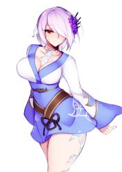 Rule 34 | 1girl, absurdres, au ra, warrior of light (ff14), body markings, breasts, cleavage, dress, final fantasy, final fantasy xiv, foxykuro, hair ornament, hair over one eye, highres, large breasts, one eye covered, original, purple hair, red eyes, smile, solo, thick thighs, thighs, white background