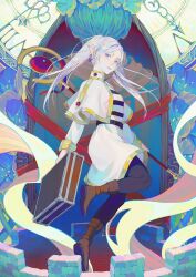Rule 34 | blue eyes, boots, capelet, earrings, elf, frieren, full body, highres, holding, holding staff, jewelry, looking at viewer, mage staff, nuomirice, pantyhose, pointy ears, sousou no frieren, staff, suitcase, twintails, white capelet, white hair