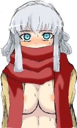 Rule 34 | 1girl, areola slip, blue eyes, blush, breasts, cleavage, danganronpa (series), danganronpa 3 (anime), eyebrows, gekkogahara miaya, large breasts, long hair, looking at viewer, matching hair/eyes, scarf, scarf over mouth, silver hair, simple background, solo, sweat, tears, upper body, white background