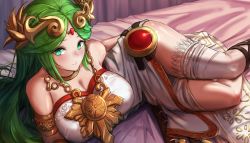 Rule 34 | 1girl, ancient greek clothes, armlet, belt, breasts, chiton, dress, forehead jewel, high heels, highres, ippers, jewelry, kid icarus, kid icarus uprising, large breasts, laurel crown, legs, long hair, long legs, multiple belts, nintendo, palutena, parted bangs, pendant, sandals, side slit, single thighhigh, solo, strapless, strapless dress, thighhighs, thighs, tiara, vambraces, very long hair, white thighhighs