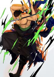 Rule 34 | 1boy, abs, alternate costume, bandana, bara, black kimono, fighting stance, full body, glowing, glowing eyes, green hair, hd189733b, highres, holding, holding sword, holding weapon, japanese clothes, jumping, kimono, large pectorals, looking down, male focus, mouth hold, muscular, muscular male, nipples, one piece, pectorals, roronoa zoro, scar, scar across eye, short hair, solo, sword, triple wielding, weapon