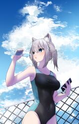 Rule 34 | absurdres, animal ear fluff, animal ears, black one-piece swimsuit, blue archive, blue eyes, blue sky, bottle, breasts, cellphone, chain-link fence, cloud, competition swimsuit, covered navel, cross hair ornament, day, extra ears, fence, grey hair, hair ornament, halo, highres, low ponytail, medium breasts, medium hair, mismatched pupils, multicolored clothes, multicolored swimsuit, one-piece swimsuit, outdoors, phone, shiroko (blue archive), shiroko (swimsuit) (blue archive), sky, swimsuit, t oaru, wolf ears