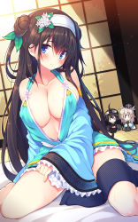 Rule 34 | 1girl, aqua kimono, bare shoulders, barefoot, bed sheet, black hair, blue eyes, blue sleeves, blush, breasts, brown hair, character doll, character request, chiri (atlanta), cleavage, closed mouth, collarbone, commentary request, covered erect nipples, detached sleeves, double bun, fingernails, flower, frilled sleeves, frills, green ribbon, hair between eyes, hair bun, hair flower, hair ornament, hair ribbon, hairband, head tilt, highres, japanese clothes, kimono, large breasts, long hair, long sleeves, looking at viewer, ribbon, rinne (sennen sensou aigis), sennen sensou aigis, side bun, sitting, sleeveless, sleeveless kimono, sleeves past wrists, smile, solo, sweat, unmoving pattern, very long hair, wariza, white flower, white hairband, wide sleeves, window, | |