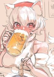 Rule 34 | 1girl, @ @, alcohol, animal ears, beer, beer mug, blush, breasts, chopsticks, cup, detached sleeves, drinking, drunk, food, hat, highres, holding, holding food, inubashiri momiji, large breasts, mug, red eyes, short hair, solo, tail, tokin hat, touhou, upper body, white hair, wolf ears, wolf tail, yoyoiro (sysi20)