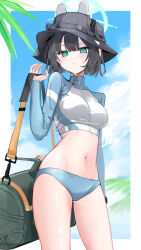Rule 34 | 1girl, absurdres, animal ears, aqua eyes, august., bag, bikini, black hair, black hat, blue archive, blue bikini, blue jacket, blue sky, blush, bob cut, border, breasts, bucket hat, commentary, cowboy shot, cropped jacket, fake animal ears, hair between eyes, halo, hat, highres, jacket, looking at viewer, medium breasts, multicolored clothes, multicolored jacket, navel, official alternate costume, rabbit ears, saki (blue archive), saki (swimsuit) (blue archive), short hair, shoulder bag, sky, solo, stomach, swimsuit, two-tone jacket, white border, white jacket