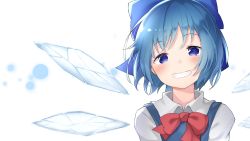 Rule 34 | 1girl, backlighting, blue eyes, blue hair, bow, bowtie, cirno, detached wings, female focus, grin, hair bow, highres, mamemochi, short hair, simple background, smile, solo, touhou, white background, wings