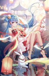 Rule 34 | 1girl, ahoge, ankle strap, anklet, barefoot, blue hair, blunt bangs, braid, breasts, chinese commentary, closed mouth, cloud, commentary, cookie, double bun, dress, feet, floating, flower, food, full body, full moon, hair bun, hair ornament, hammer, highres, holding, holding cookie, holding food, holding hammer, jewelry, k12io, lantern, legs, long hair, long sleeves, looking at viewer, mid-autumn festival, moon, original, outdoors, paper lantern, rabbit, red dress, red eyes, reflection, ruqun, see-through, see-through sleeves, side braids, sidelocks, small breasts, smile, solo, tassel, water, yellow flower