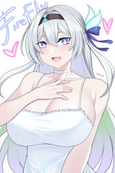 Rule 34 | 1girl, :d, aori sora, bare shoulders, black hairband, blush, breasts, bright pupils, camisole, character name, cleavage, firefly (honkai: star rail), grey hair, hair intakes, hairband, hand on own chest, highres, honkai: star rail, honkai (series), large breasts, long hair, looking at viewer, open mouth, purple eyes, simple background, smile, solo, spaghetti strap, upper body, very long hair, white background, white pupils