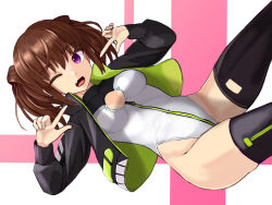 Rule 34 | 1girl, absurdres, alice gear aegis, black jacket, black thighhighs, booth babe, breasts, brown hair, cleavage cutout, clothing cutout, companion/af, couch, cowboy shot, fang, front zipper, full-length zipper, heattech leotard, highleg, highleg leotard, highres, jacket, kimikage yui, leotard, looking at viewer, panda sasasa, pointing, pointing at self, purple eyes, race queen, short hair, sitting, skin fang, small breasts, smile, solo, thighhighs, turtleneck, two-tone background, white background, white leotard, zipper, zipper leotard, zipper pull tab