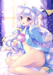 Rule 34 | 1girl, :o, absurdres, animal hood, ass, barefoot, bed sheet, bottomless, bra, curtains, fur-trimmed sleeves, fur trim, highres, hood, light purple hair, long hair, looking at viewer, lying, mikeou, no panties, on side, open mouth, original, pajamas, purple bra, purple eyes, scan, solo, stuffed toy, twintails, underwear, window